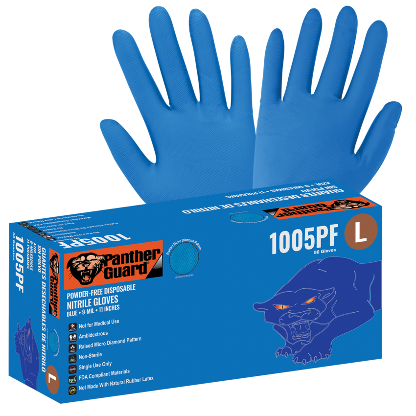 Panther-Guard® Heavyweight Nitrile, Powder-Free, Industrial-Grade, Raised Micro-Diamond Pattern, Blue, 9-Mil, 11-Inch Disposable Gloves