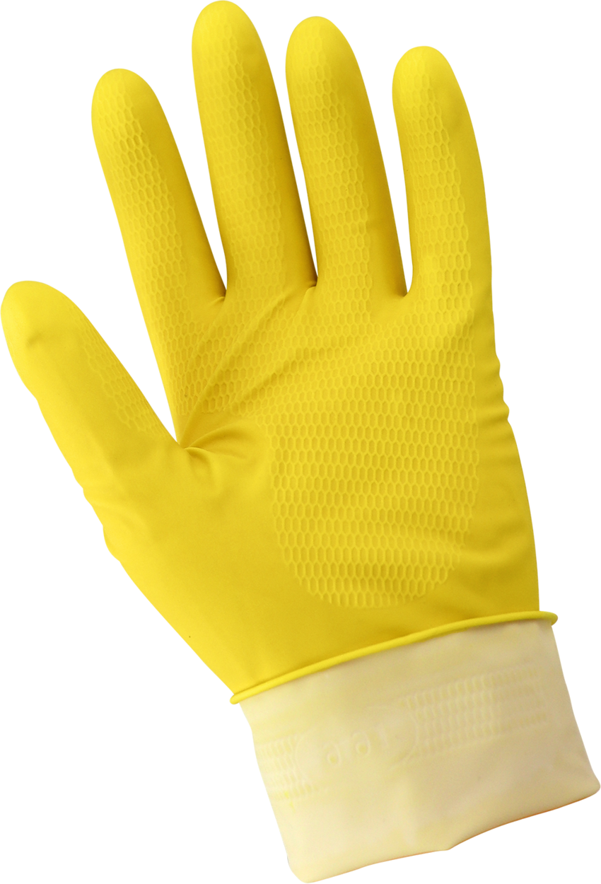 Economy Flock-Lined Yellow Latex Unsupported Gloves with Honeycomb Pattern Grip