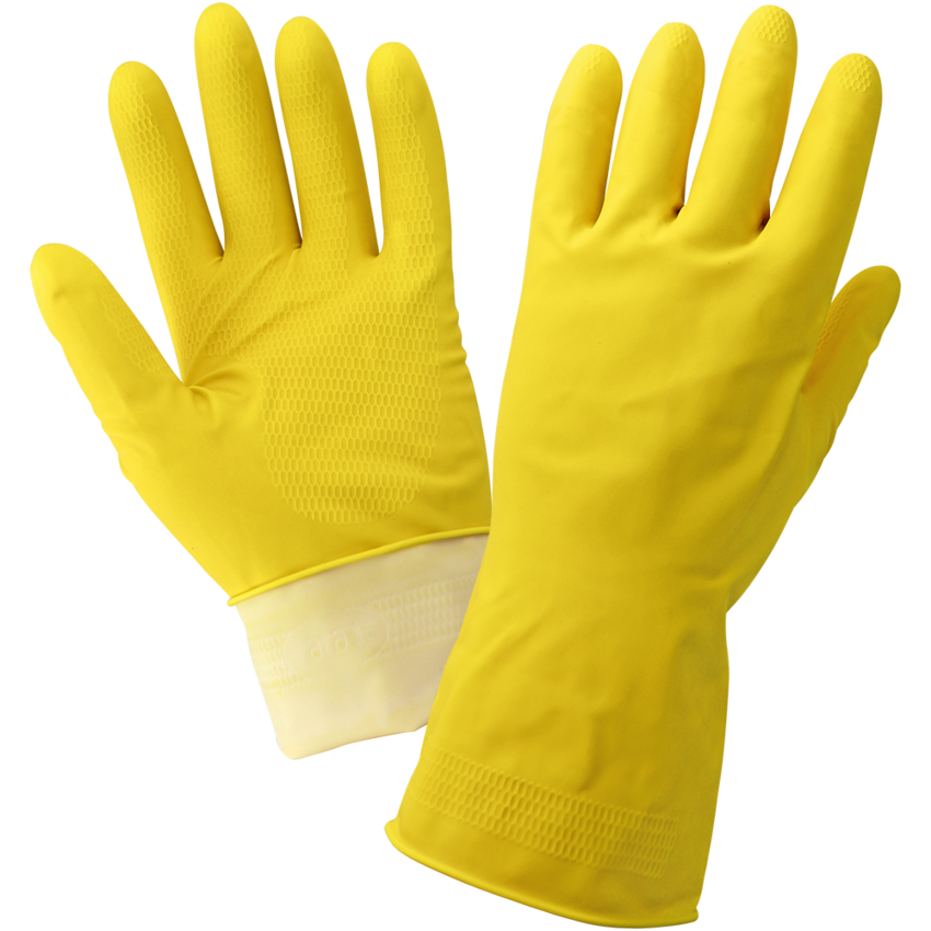 Economy Flock-Lined Yellow Latex Unsupported Gloves with Honeycomb Pattern Grip