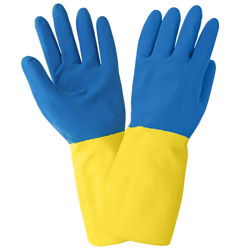 Flock-Lined 28-Mil Yellow Rubber Latex Unsupported Gloves with a Blue Neoprene Coating and Honeycomb Pattern Grip