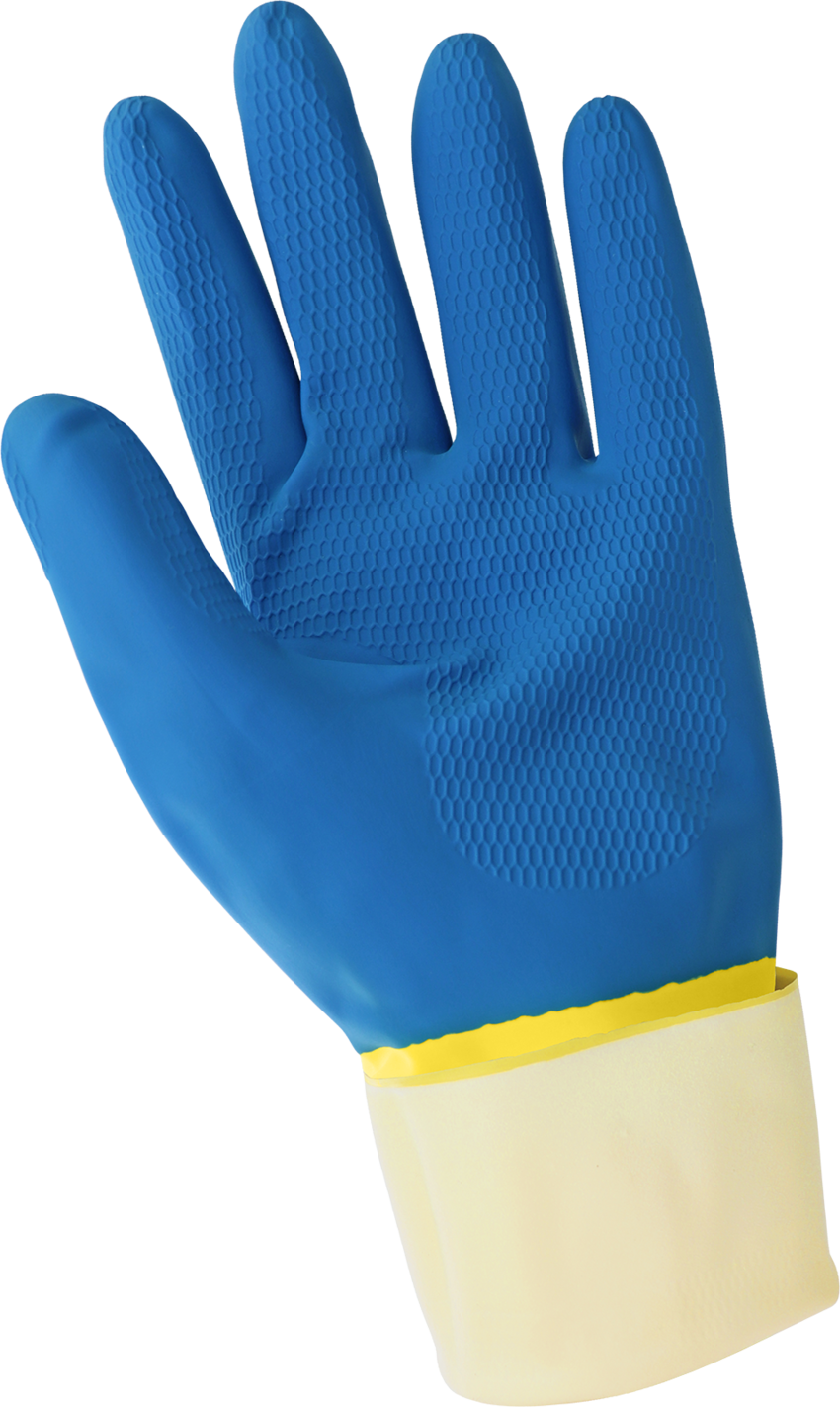 Flock-Lined 28-Mil Yellow Rubber Latex Unsupported Gloves with a Blue Neoprene Coating and Honeycomb Pattern Grip