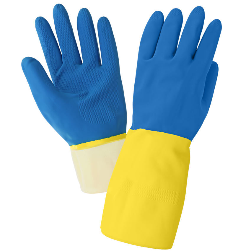 Flock-Lined 28-Mil Yellow Rubber Latex Unsupported Gloves with a Blue Neoprene Coating and Honeycomb Pattern Grip