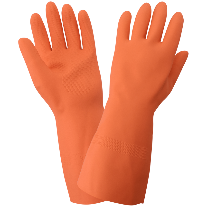 FrogWear® Heavy 30-Mil Flock-Lined Orange Rubber Latex with Honeycomb Pattern Grip Unsupported Gloves