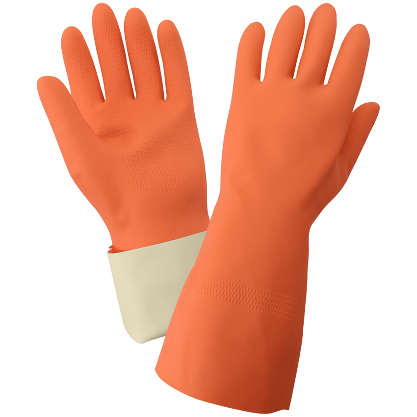 FrogWear® Heavy 30-Mil Flock-Lined Orange Rubber Latex with Honeycomb Pattern Grip Unsupported Gloves