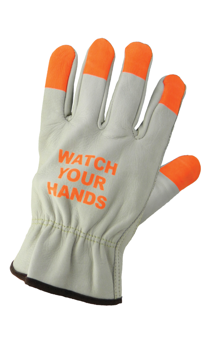 Leather Driver Style Gloves with High-Visibility Orange Fingertips