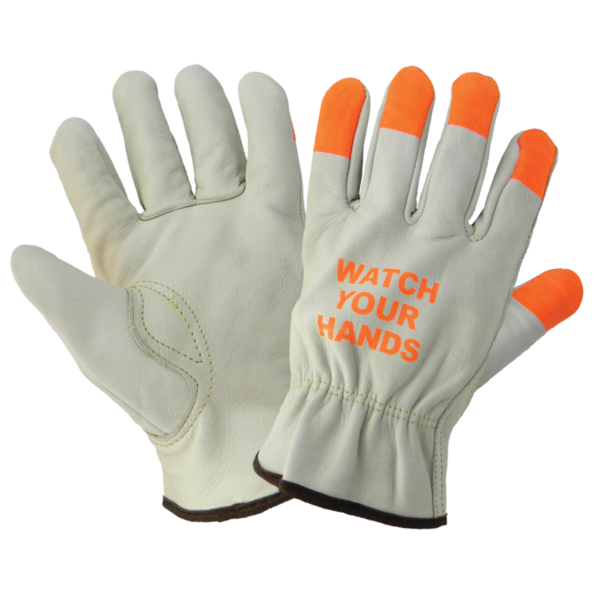 Leather Driver Style Gloves with High-Visibility Orange Fingertips