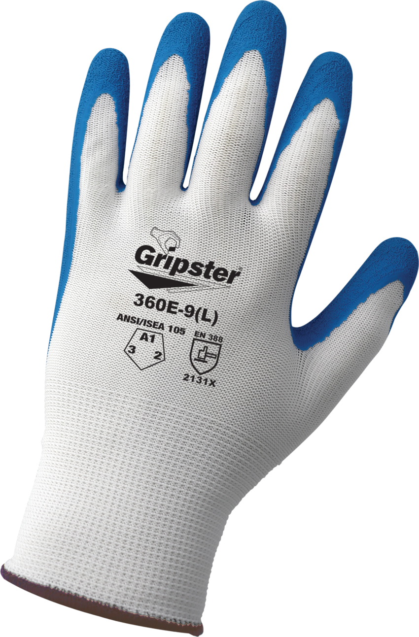 Gripster® General Purpose Cut, Abrasion, and Puncture Resistant Gloves, 13-Gauge White Polyester with a Blue Etched Rubber Coating