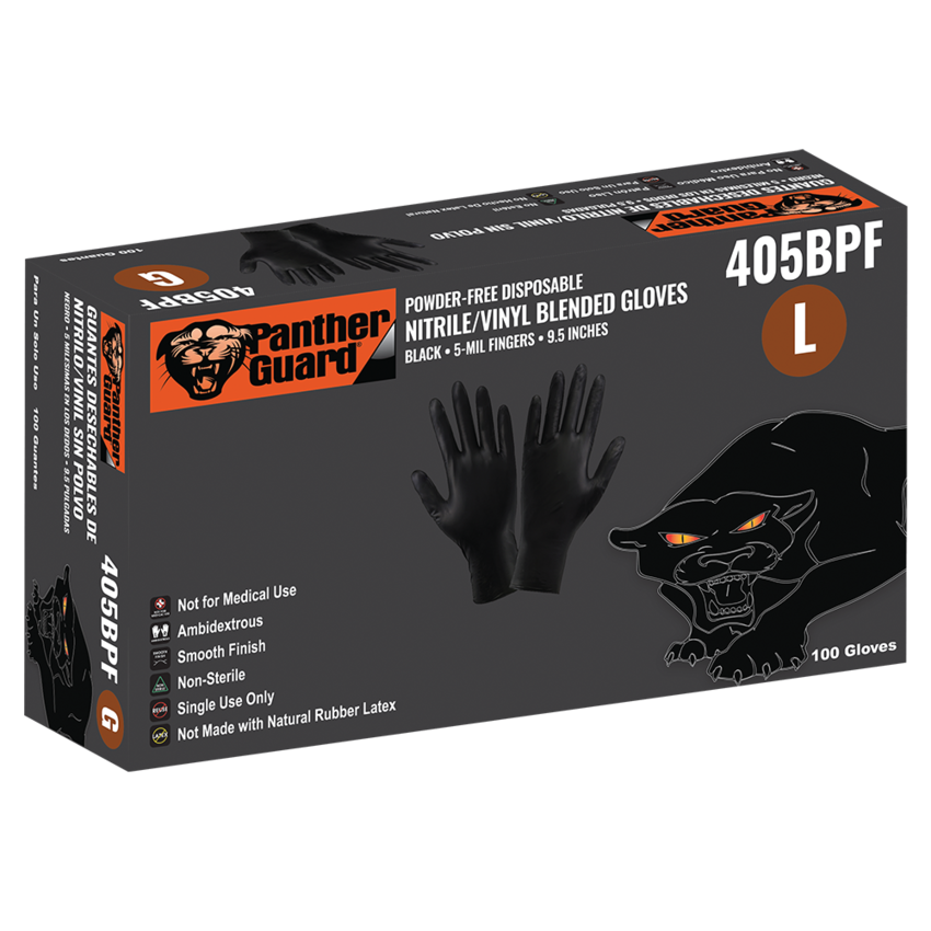 Panther-Guard® Industrial-Grade, Powder-Free, Black Nitrile/Vinyl Blended, 5-Mil, Smooth Finish, 9.5-Inch Disposable Gloves