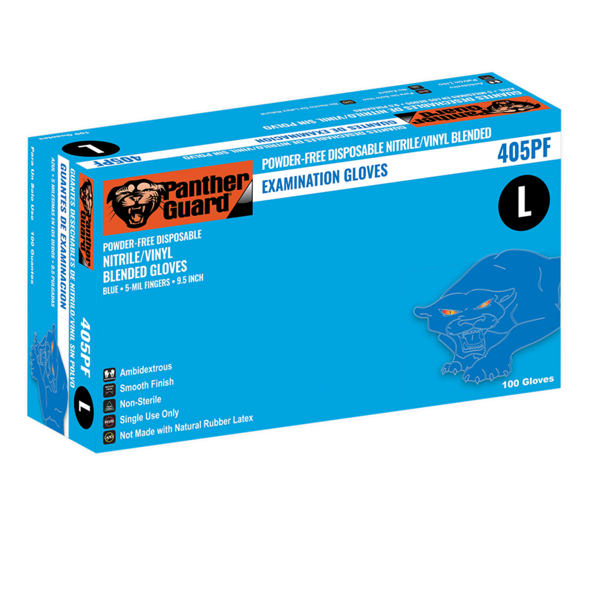 Panther-Guard® Medical-Grade, Powder-Free, Blue Nitrile/Vinyl Blended, 5-Mil, Smooth Finish, 9.5-Inch Disposable Examination Gloves