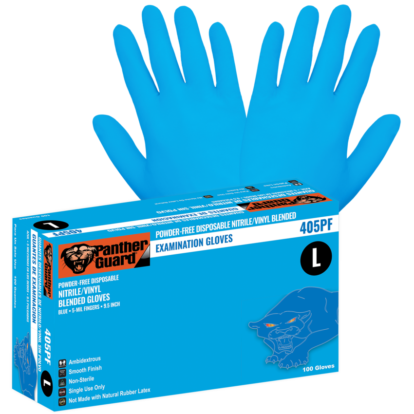 Panther-Guard® Medical-Grade, Powder-Free, Blue Nitrile/Vinyl Blended, 5-Mil, Smooth Finish, 9.5-Inch Disposable Examination Gloves