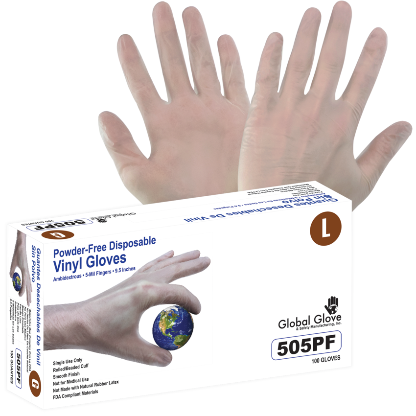 Vinyl, Powder-Free, Industrial-Grade, Clear, 5-Mil, Smooth Finish, 9.5-Inch Disposable Gloves