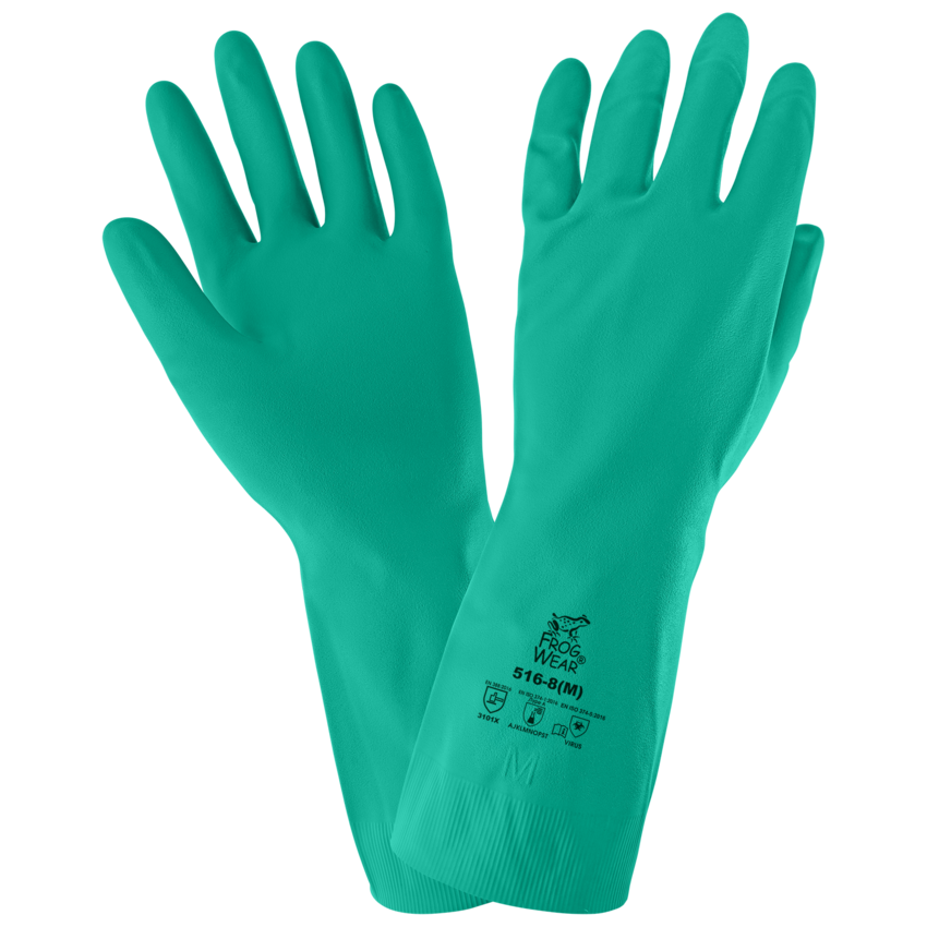 FrogWear® Unsupported, Chlorinated, 13-Inch, 16-Mil, Sea Green Nitrile Gloves with a Bisque Grip Finish