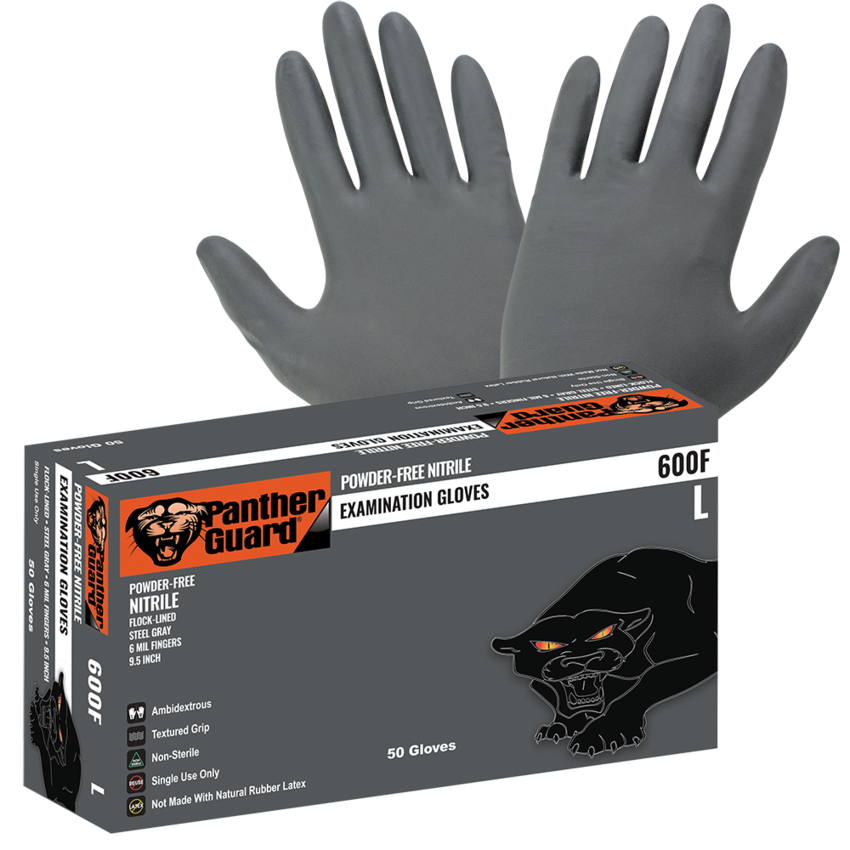 Panther-Guard® Heavyweight Nitrile, Powder-Free, Examination-Grade, Steel Gray, 6-Mil, Flock Lined, Textured Fingertips, 9.5-Inch Disposable Gloves