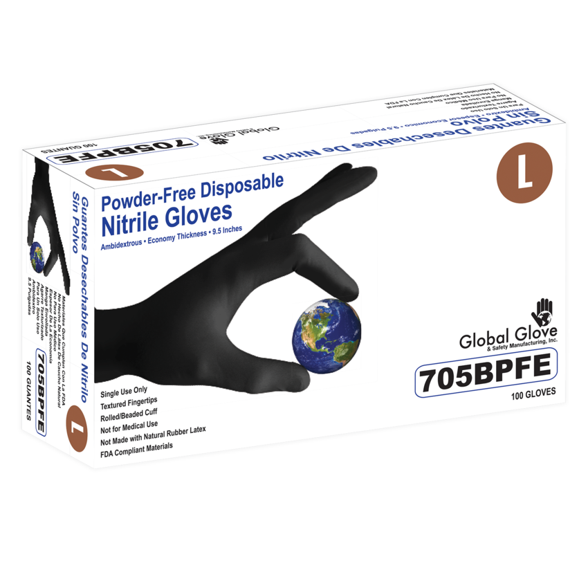 Nitrile, Powder-Free, Industrial-Grade, Black, Lightweight, 3.5-Mil, Textured Fingertips, 9.5-Inch Disposable Gloves