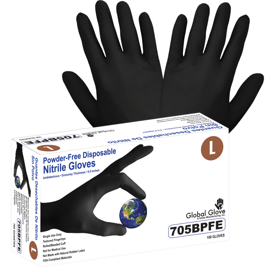 Nitrile, Powder-Free, Industrial-Grade, Black, Lightweight, 3.5-Mil, Textured Fingertips, 9.5-Inch Disposable Gloves