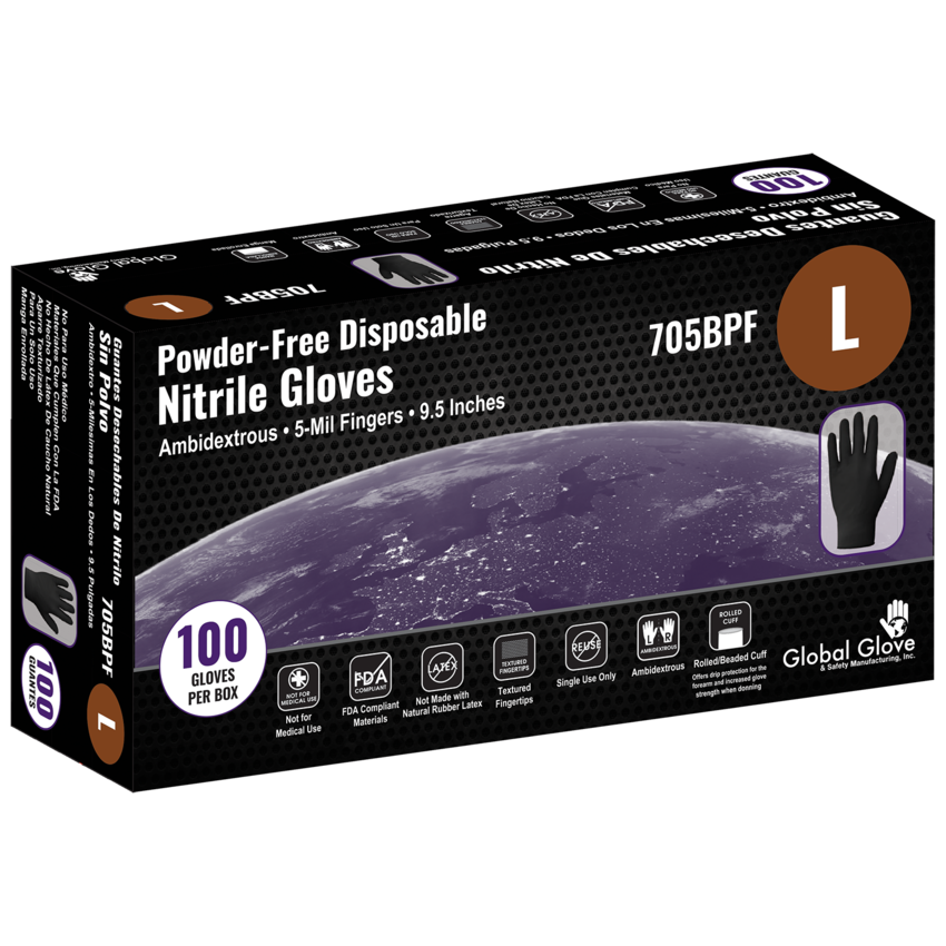 Nitrile, Powder-Free, Industrial-Grade, Black, 5-Mil, Textured Fingertips, 9.5-Inch Disposable Gloves