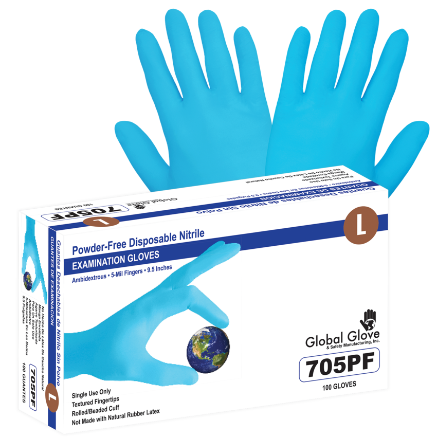 Nitrile, Powder-Free, Medical-Grade, Blue, 5-Mil, Textured Fingertips, 9.5-Inch Disposable Examination Gloves