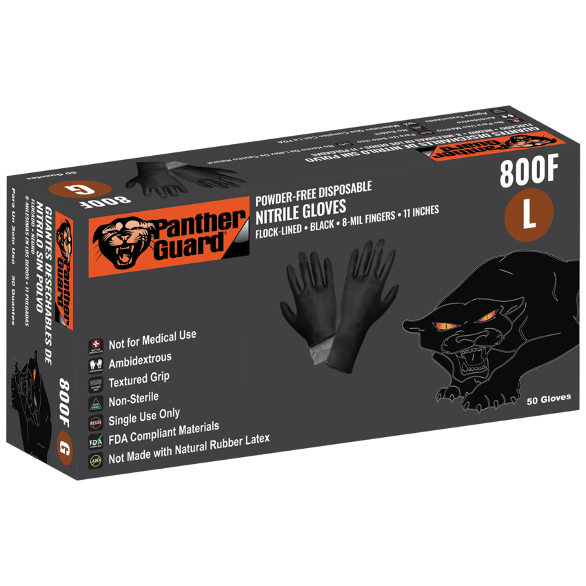 Panther-Guard® Heavyweight Nitrile, Powder-Free, Industrial-Grade, Black, 8-Mil, Flock Lined, Textured Fingertips, 11-Inch Disposable Gloves