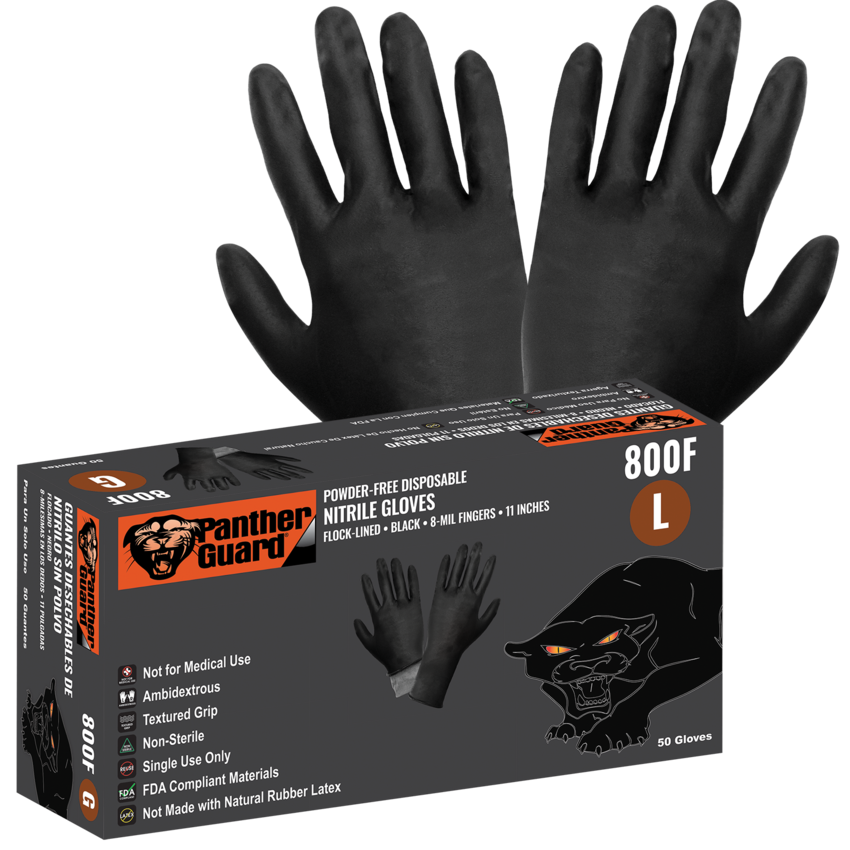 Panther-Guard® Heavyweight Nitrile, Powder-Free, Industrial-Grade, Black, 8-Mil, Flock Lined, Textured Fingertips, 11-Inch Disposable Gloves