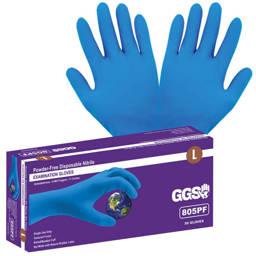 Heavyweight Nitrile, Powder-Free, Examination-Grade, Blue, 8-Mil, Textured Fingertips, 11-Inch Disposable Gloves