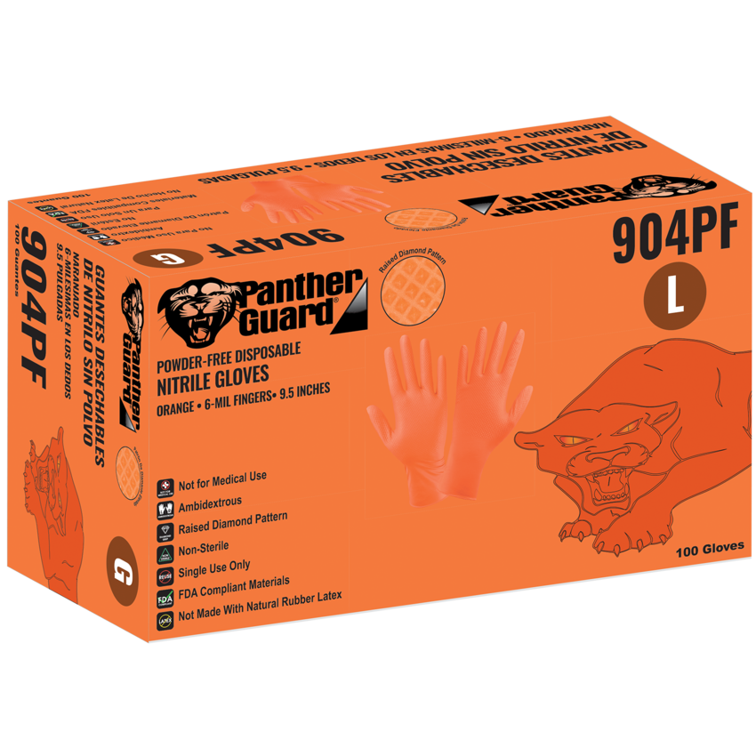 Panther-Guard® High-Visibility Orange Nitrile, Powder-Free, Industrial-Grade, Raised Diamond Pattern, 6-Mil, 9.5-Inch Disposable Gloves