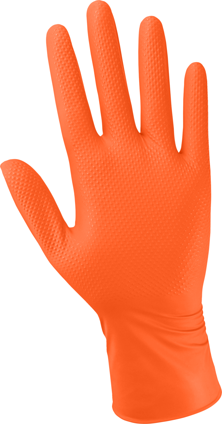 Panther-Guard® High-Visibility Orange Nitrile, Powder-Free, Industrial-Grade, Raised Diamond Pattern, 6-Mil, 9.5-Inch Disposable Gloves