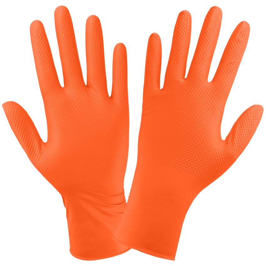 Panther-Guard® High-Visibility Orange Nitrile, Powder-Free, Industrial-Grade, Raised Diamond Pattern, 6-Mil, 9.5-Inch Disposable Gloves