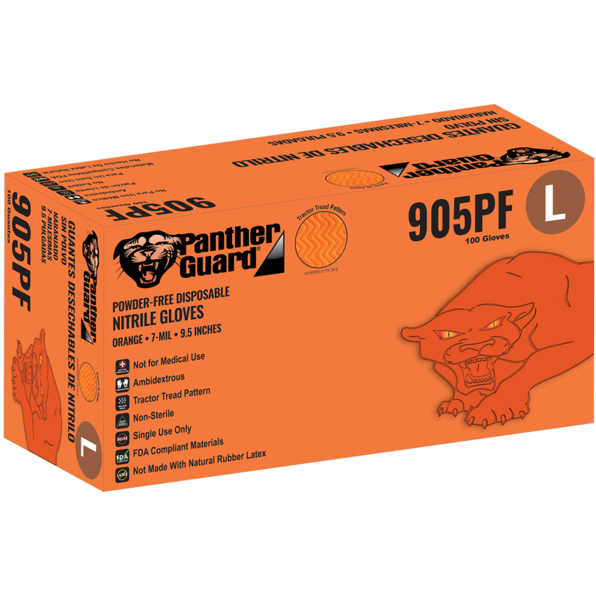 Panther-Guard® Heavyweight Nitrile, Powder-Free, Industrial-Grade, High-Visibility Orange, 7-Mil, Tractor Tread Pattern, 9.5-Inch Disposable Gloves