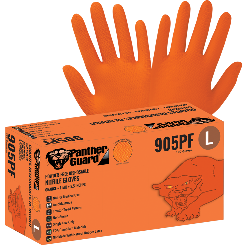 Panther-Guard® Heavyweight Nitrile, Powder-Free, Industrial-Grade, High-Visibility Orange, 7-Mil, Tractor Tread Pattern, 9.5-Inch Disposable Gloves