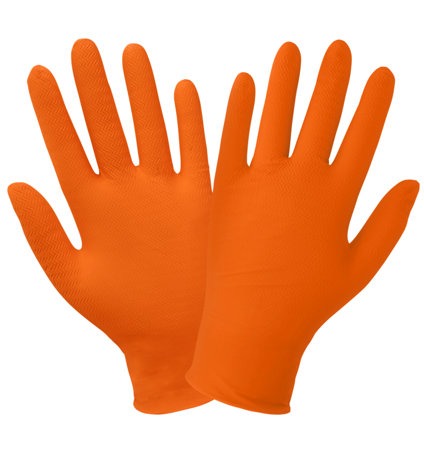 Panther-Guard® Heavyweight Nitrile, Powder-Free, Industrial-Grade, High-Visibility Orange, 7-Mil, Tractor Tread Pattern, 9.5-Inch Disposable Gloves