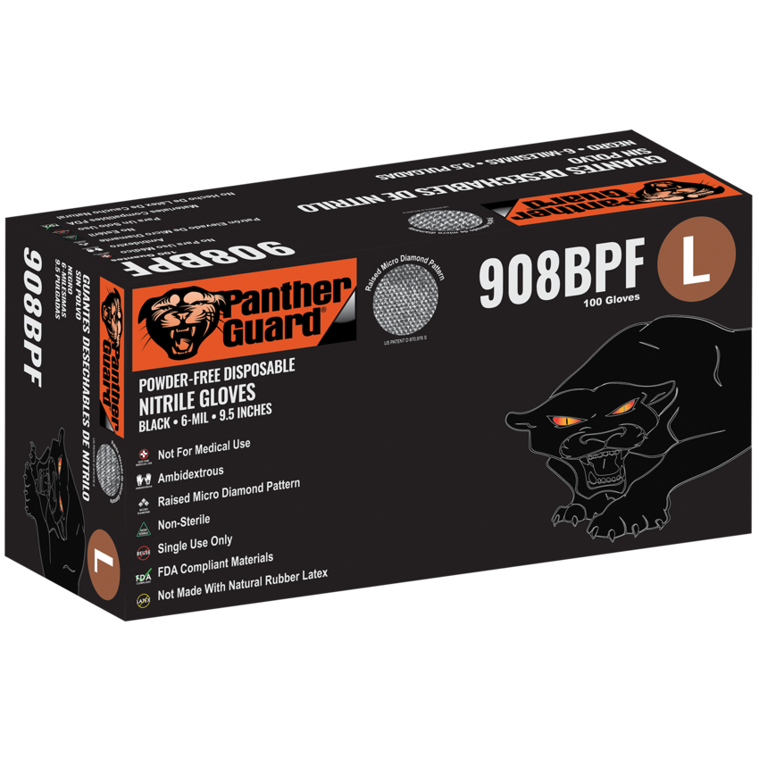 Panther-Guard® Heavyweight Nitrile, Powder-Free, Industrial-Grade, Raised Micro-Diamond Pattern, Black, 6-Mil, 9.5-Inch Disposable Gloves