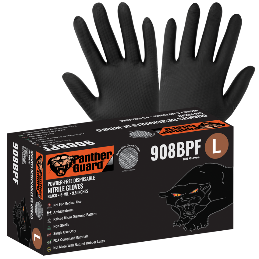 Panther-Guard® Heavyweight Nitrile, Powder-Free, Industrial-Grade, Raised Micro-Diamond Pattern, Black, 6-Mil, 9.5-Inch Disposable Gloves