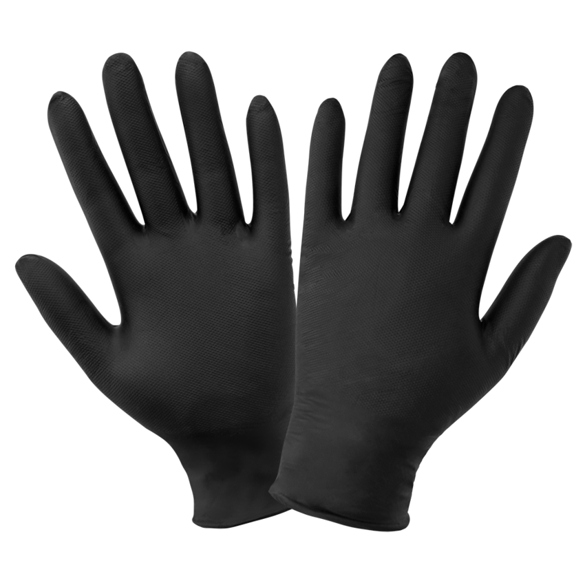 Panther-Guard® Heavyweight Nitrile, Powder-Free, Industrial-Grade, Raised Micro-Diamond Pattern, Black, 6-Mil, 9.5-Inch Disposable Gloves