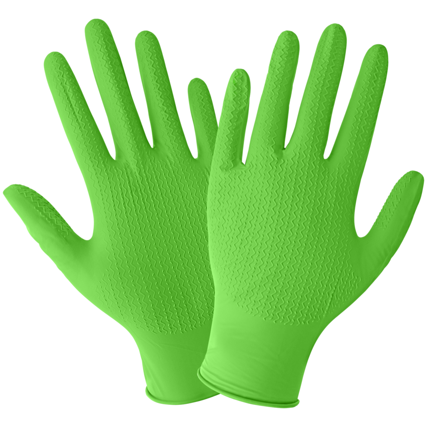 Panther-Guard&reg; Biodegradable Nitrile, Powder-Free, Industrial-Grade, High-Visibility Green, 6-Mil, Unique Wave Pattern, 9.5-Inch Disposable Gloves