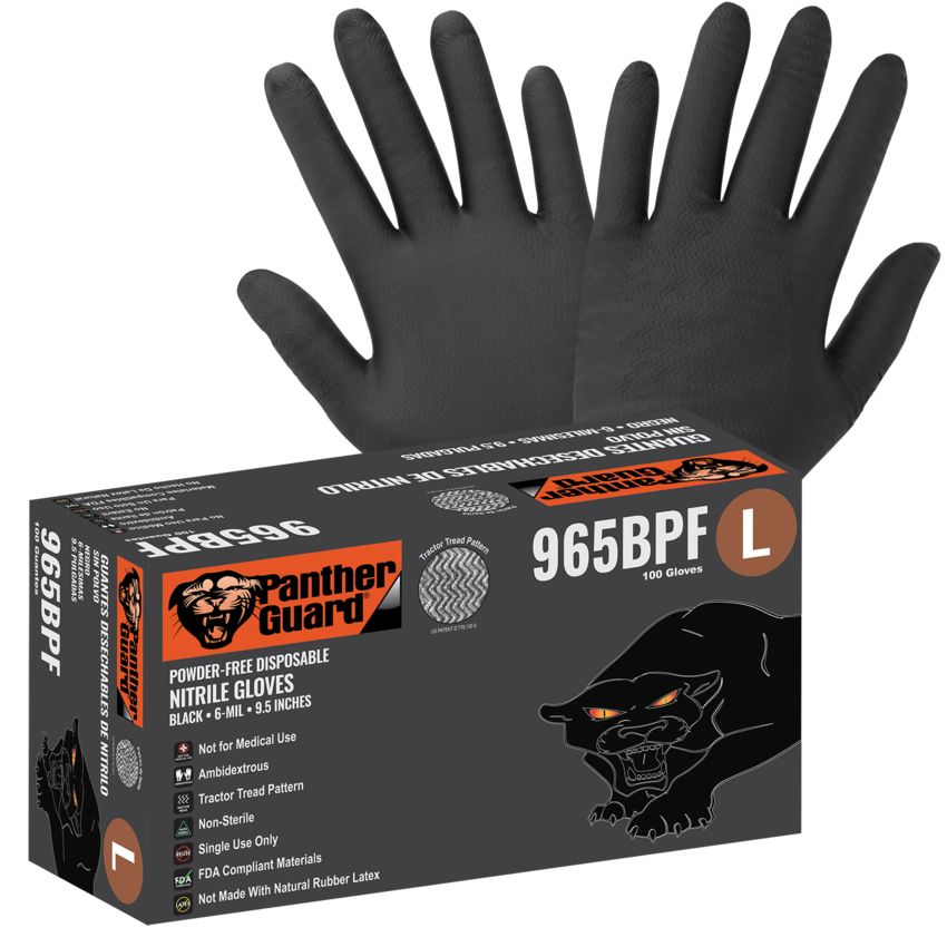 Panther-Guard® Heavyweight Nitrile, Powder-Free, Industrial-Grade, Black, 6-Mil, Tractor Tread Pattern, 9.5-Inch Disposable Gloves