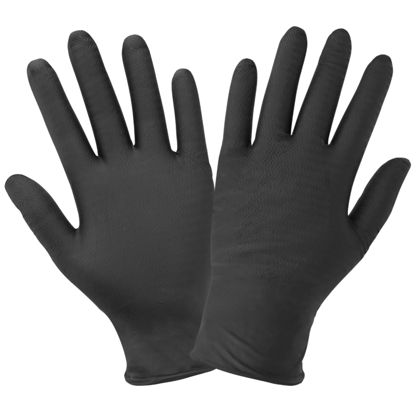 Panther-Guard® Heavyweight Nitrile, Powder-Free, Industrial-Grade, Black, 6-Mil, Tractor Tread Pattern, 9.5-Inch Disposable Gloves