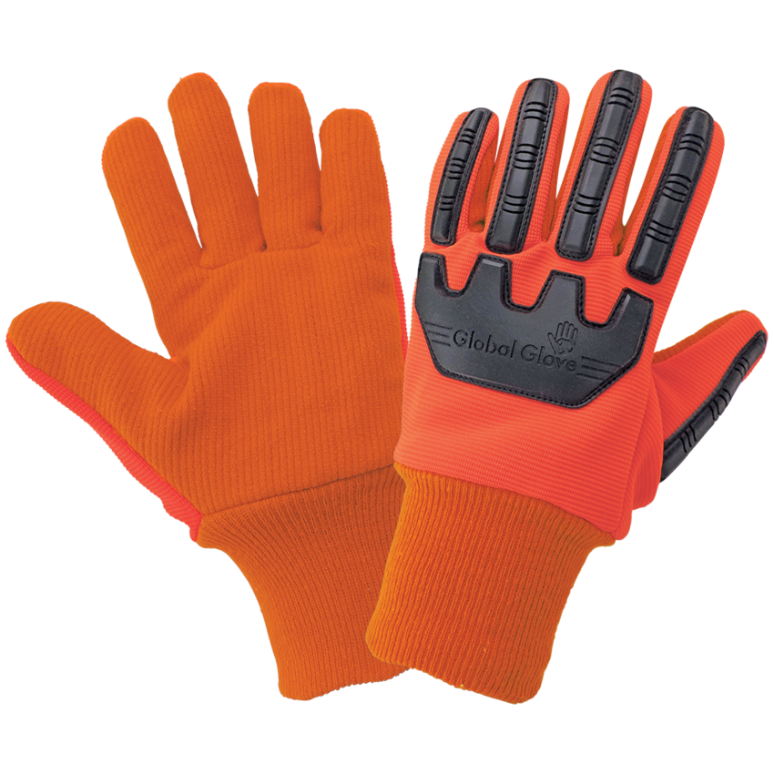 High-Visibility Orange Corded Cotton/Polyester Gloves with Impact Protection