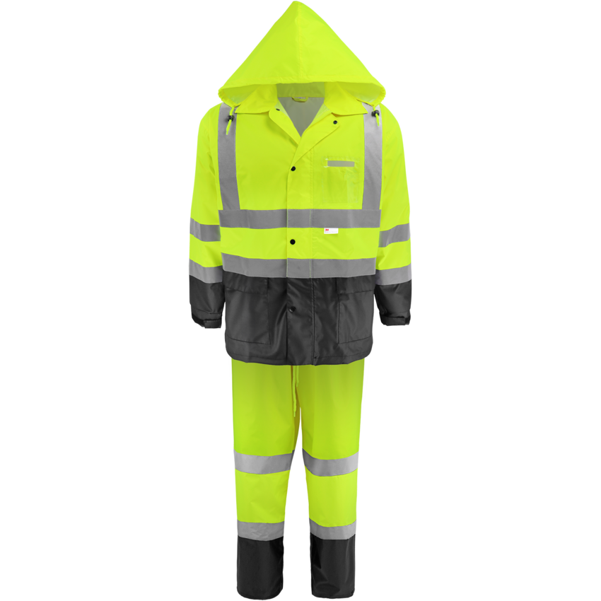 FrogWear&reg; HV High-Visibility Yellow/Green Two-Piece Rain Suit Polyurethane Coated 150D Oxford Polyester