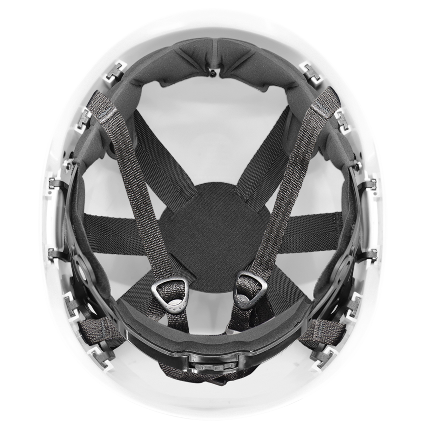 Bullhead Safety™ Head Protection - White Climbing Style Protective Helmet with Six-Point Ratchet Suspension and Four-Point Chin Strap