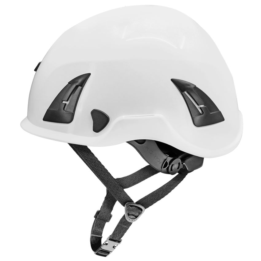 Bullhead Safety™ Head Protection - White Climbing Style Protective Helmet with Six-Point Ratchet Suspension and Four-Point Chin Strap