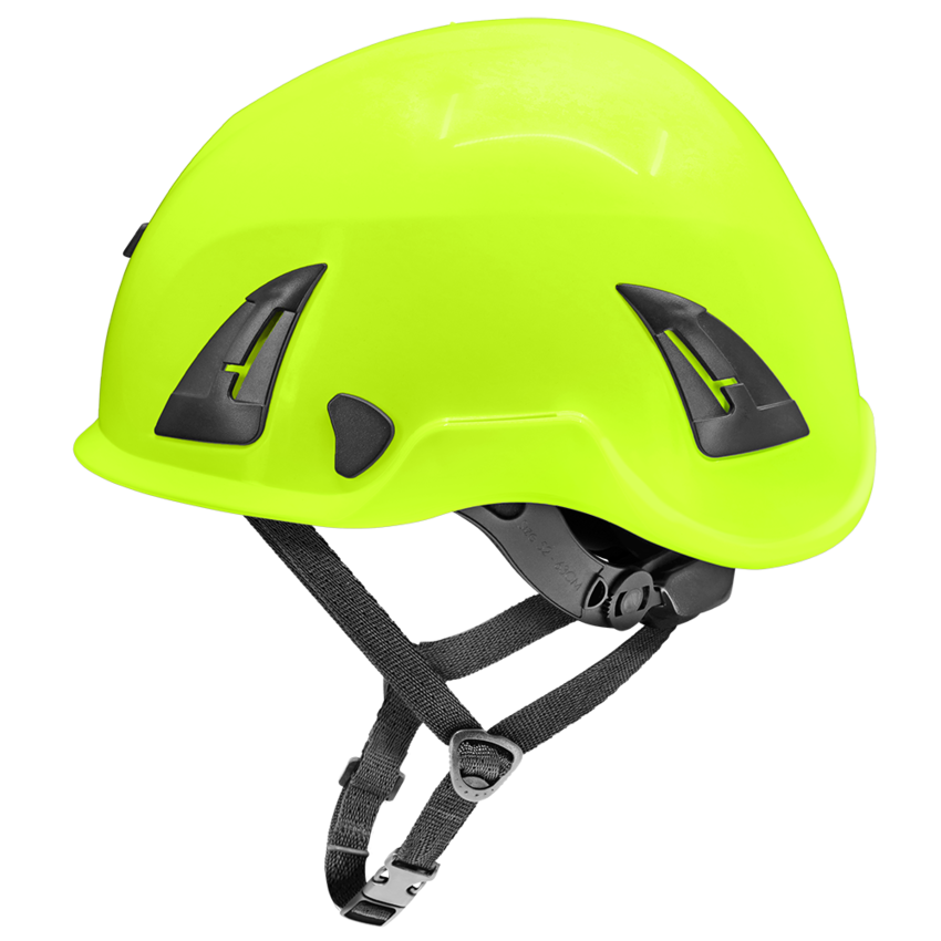 Bullhead Safety™ Head Protection - High-Visibility Yellow/Green Climbing Style Protective Helmet with Six-Point Ratchet Suspension and Four-Point Chin Strap