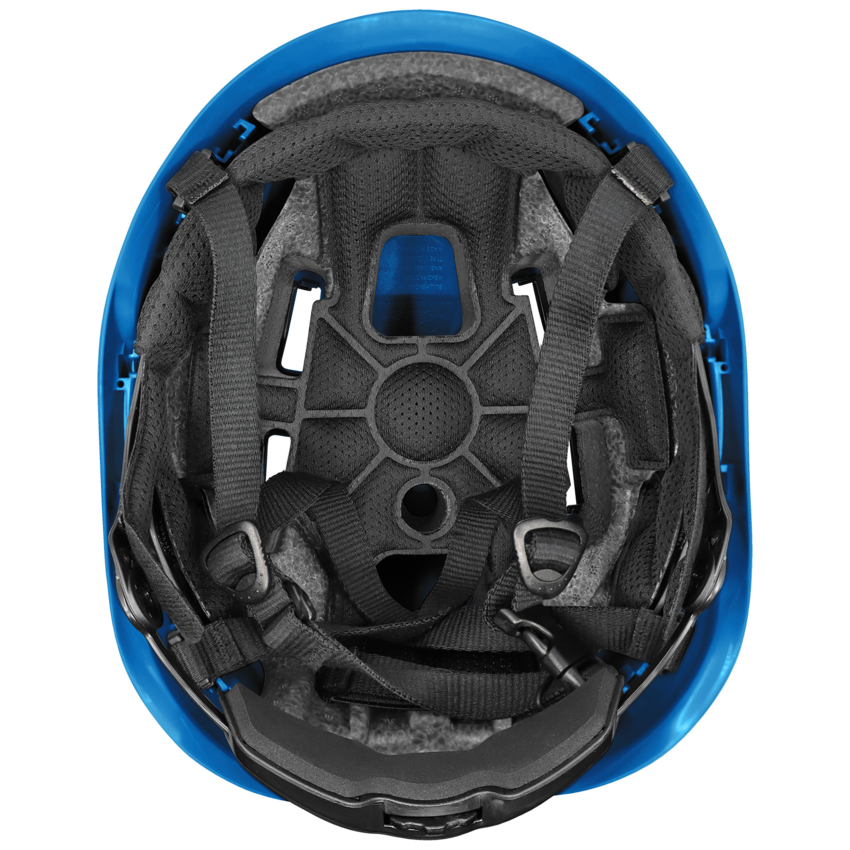 Bullhead Safety&trade; Head Protection Blue Type 2 Climbing Style Protective Helmet with Optional Venting, a Four-Point Chin Strap, and a Ratchet Suspension