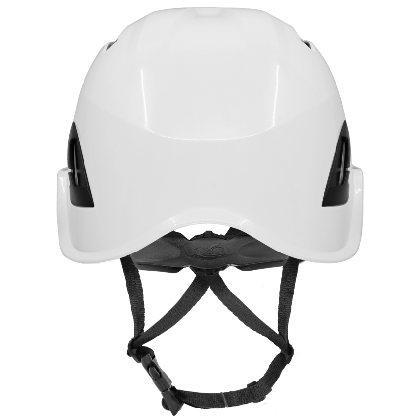 Bullhead Safety&trade; Head Protection White Type 2 Climbing Style Protective Helmet with Optional Venting, a Four-Point Chin Strap, and a Ratchet Suspension