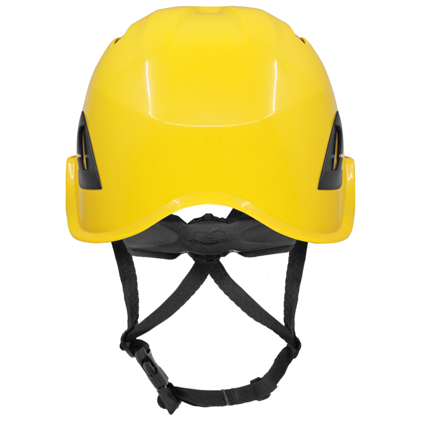 Bullhead Safety&trade; Head Protection Yellow Type 2 Climbing Style Protective Helmet with Optional Venting, a Four-Point Chin Strap, and a Ratchet Suspension