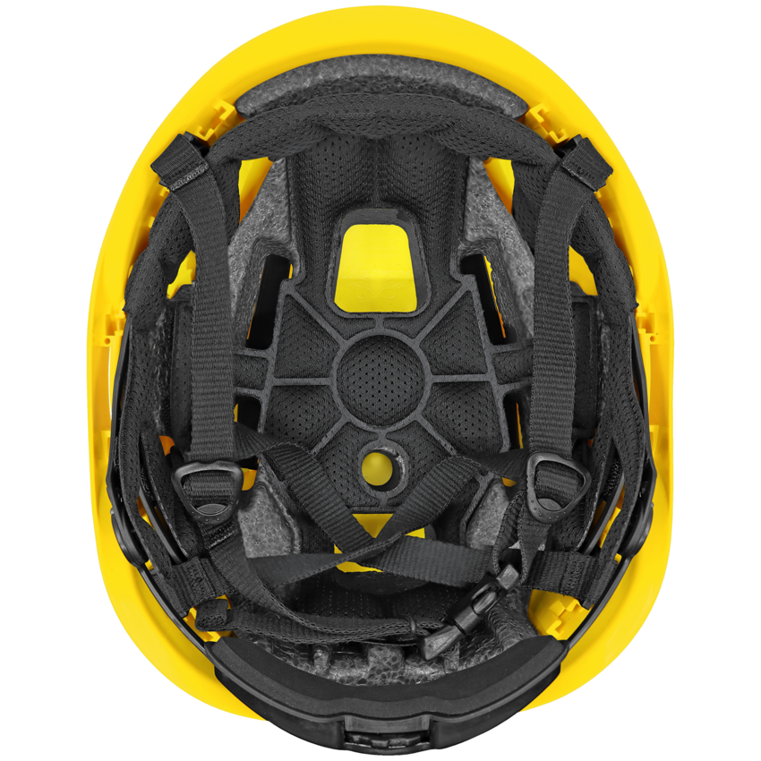 Bullhead Safety&trade; Head Protection Yellow Type 2 Climbing Style Protective Helmet with Optional Venting, a Four-Point Chin Strap, and a Ratchet Suspension