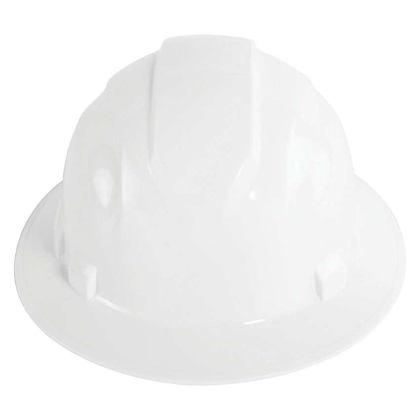 Bullhead Safety™ Head Protection White Unvented Full Brim Style Hard Hat With Six-Point Ratchet Suspension