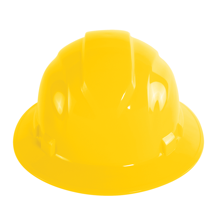 Bullhead Safety™ Head Protection Yellow Unvented Full Brim Style Hard Hat With Six-Point Ratchet Suspension
