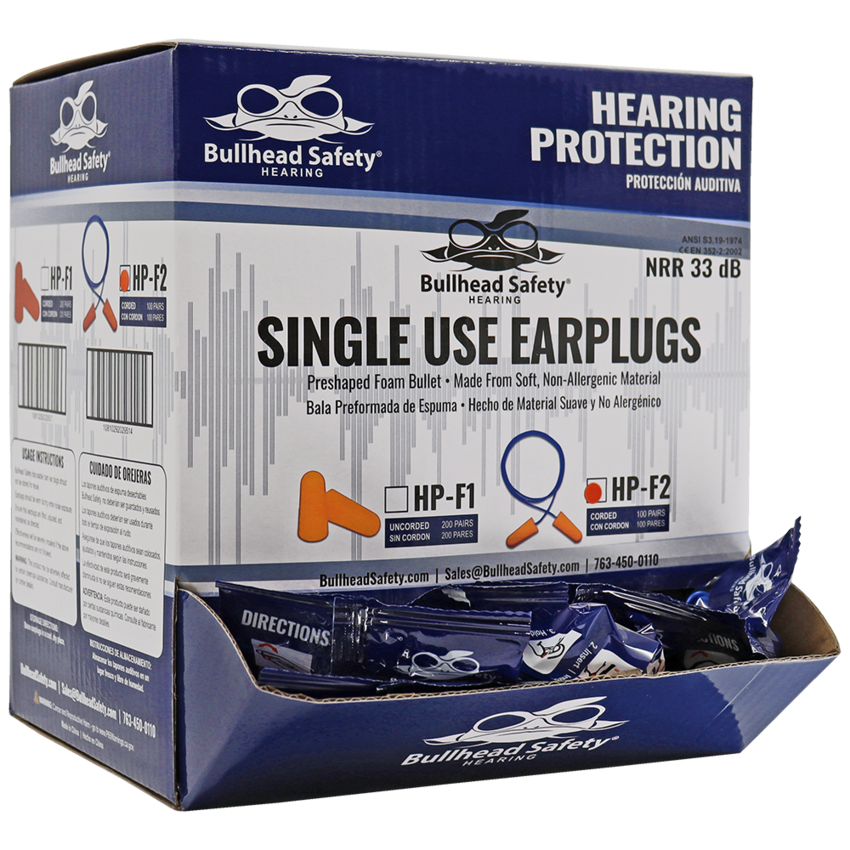 Bullhead Safety® Hearing Protection Corded Polyurethane Foam NRR 33 dB Earplugs