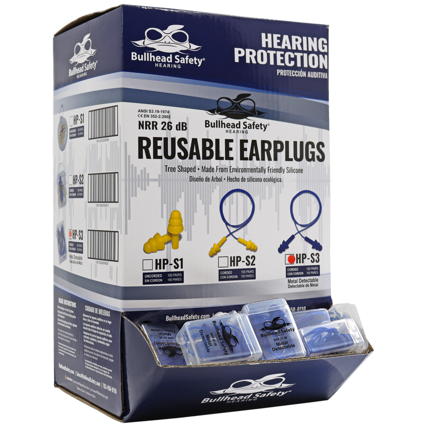 Bullhead Safety® Hearing Protection Corded Metal Detectable Reusable Silicone NRR 26 dB Earplugs