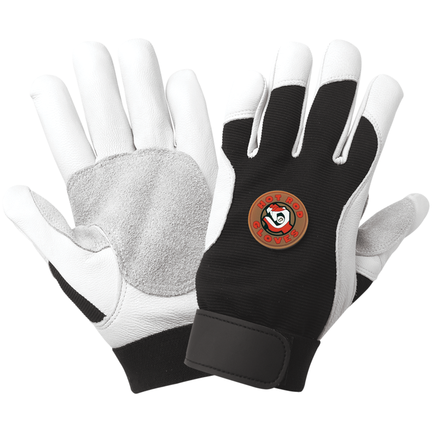 Hot Rod Gloves® Premium-Grade Grain Goatskin Leather Double Palm Mechanics Style Gloves with a Spandex Back